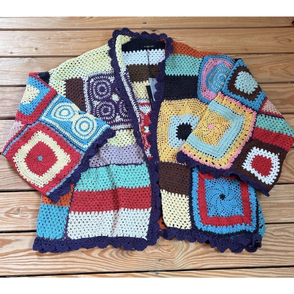 Saachi NWT $240 Women’s Hand crochet Color Block Cardigan O/S Multicolor Q11 - Picture 3 of 9